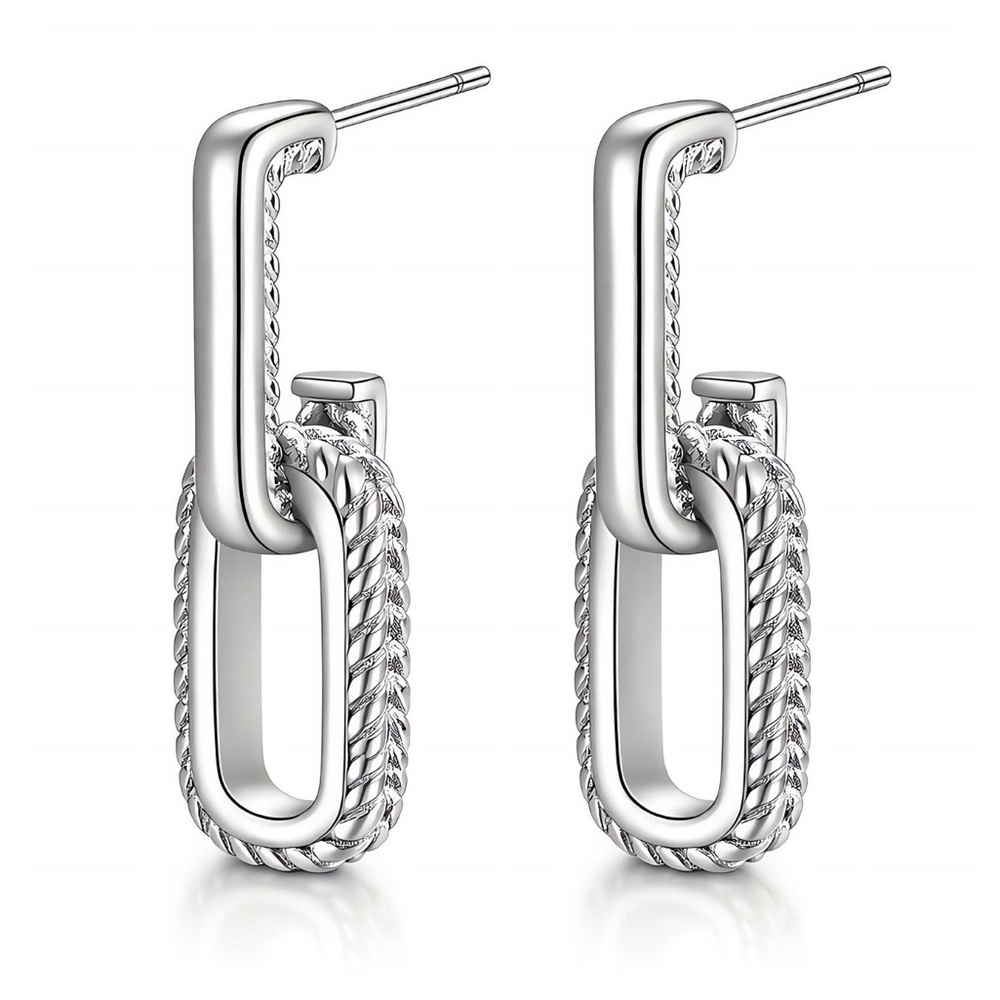 18k Gold Plated StainlessSteel waterproof Silver tone Linked Rope Drop Earrings